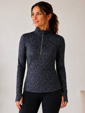 Athleta Sculptek Gray Black Paisley 1/2 Zip Pullover Size M